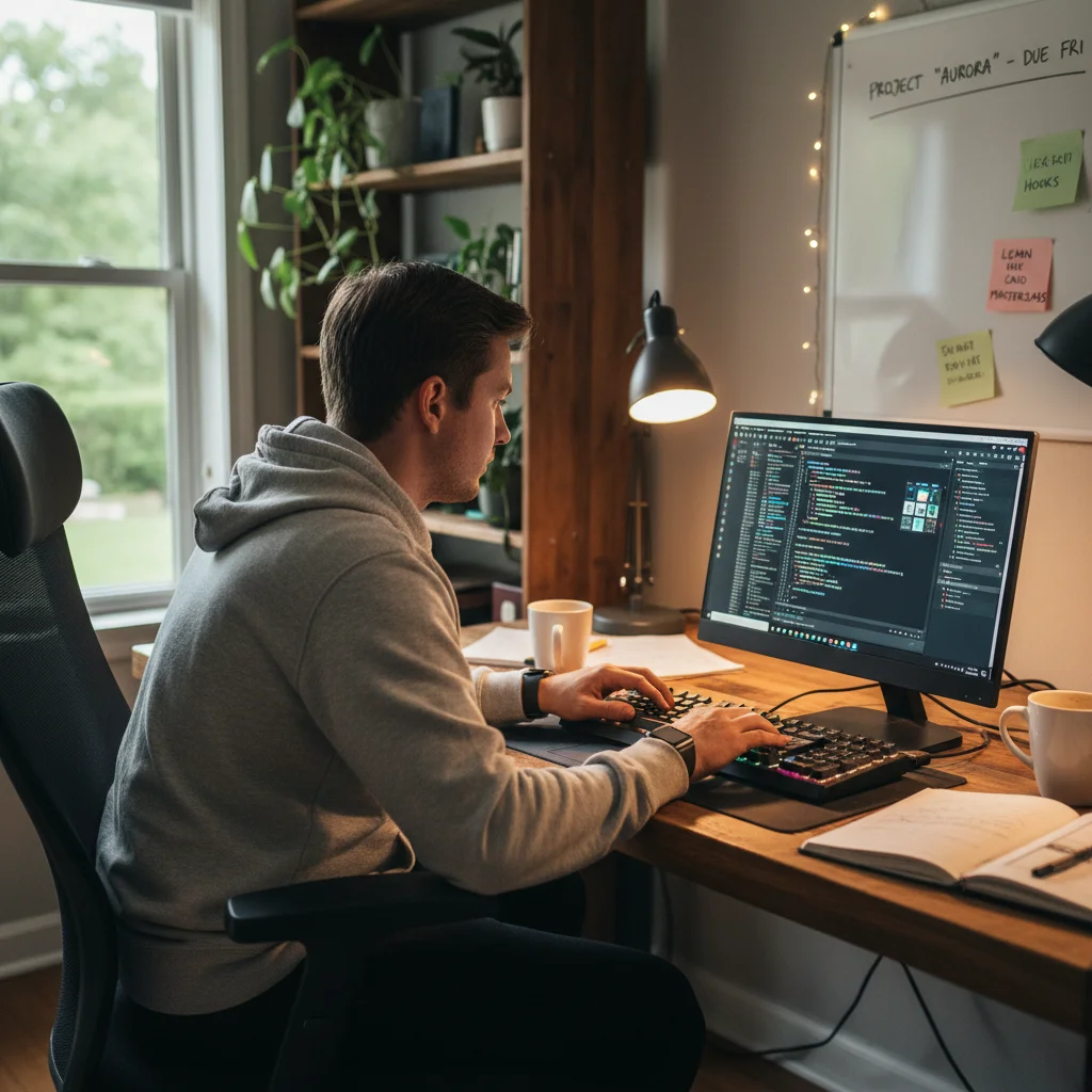 Freelancer learning web development skills at home, coding on a laptop.