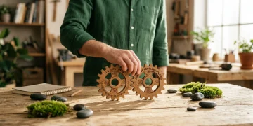 A person connecting wooden gears labeled 'AI & Data Literacy' and 'Adaptive Problem-Solving' on a wooden table, symbolizing the evolving job market and future-proofing skills.