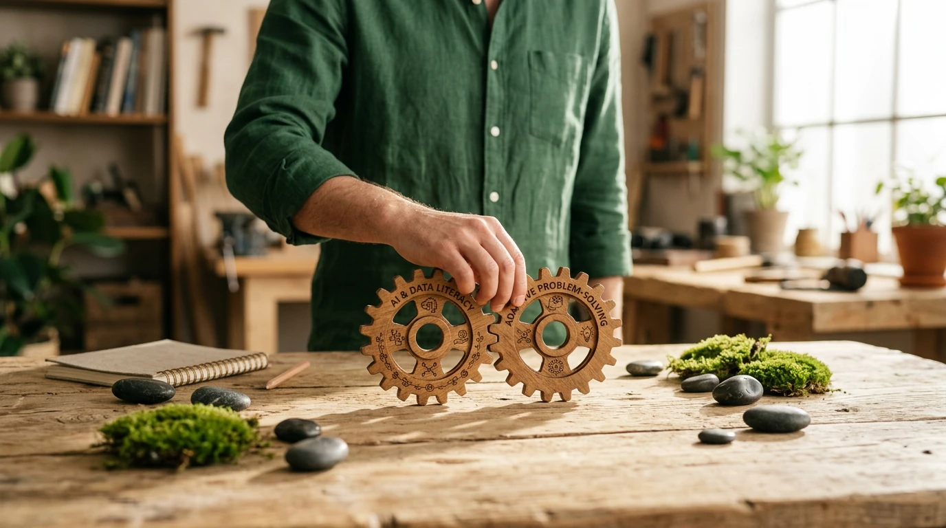 A person connecting wooden gears labeled 'AI & Data Literacy' and 'Adaptive Problem-Solving' on a wooden table, symbolizing the evolving job market and future-proofing skills.
