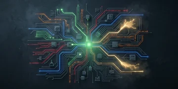 An aerial drone view of a complex, illuminated financial network with green, red, blue, orange, and gold pathways representing income, expenses, savings, debt, and investments on a dark slate background.