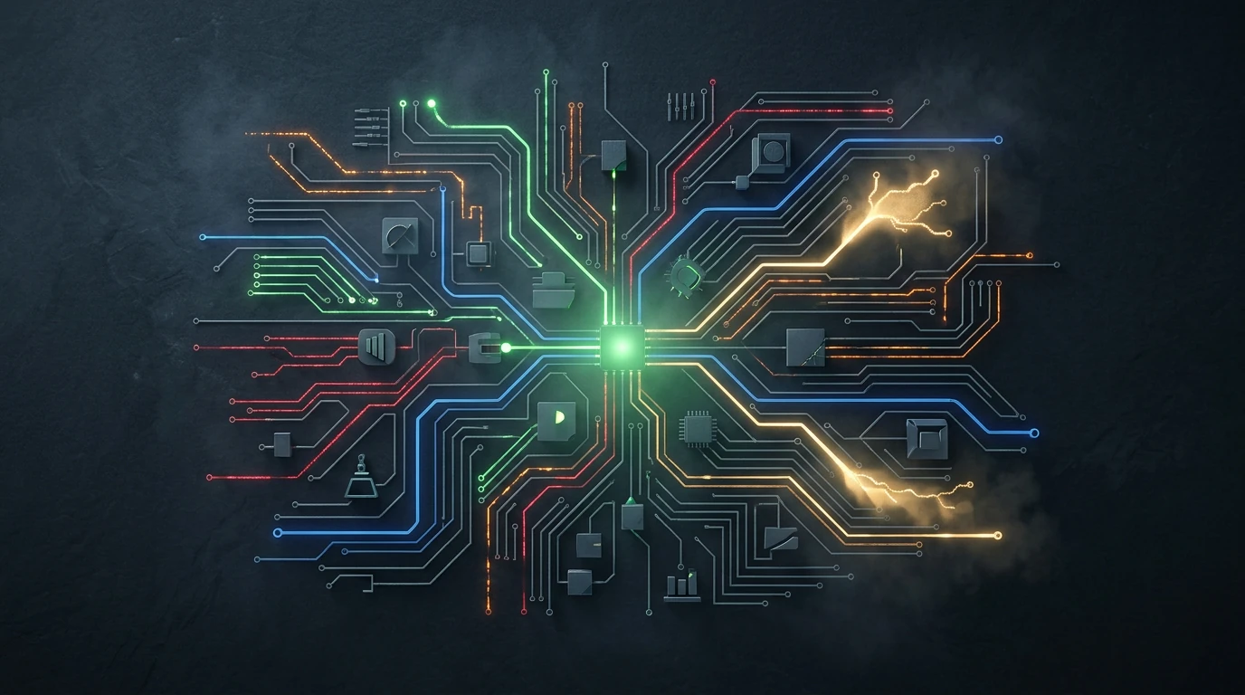 An aerial drone view of a complex, illuminated financial network with green, red, blue, orange, and gold pathways representing income, expenses, savings, debt, and investments on a dark slate background.