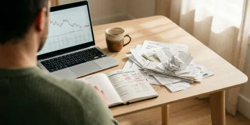 A person seen from behind, hands over a cluttered desk with bills and a budget spreadsheet, symbolizing budgeting struggles and financial leaks.