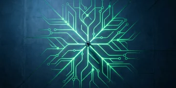 An aerial view of a person navigating a complex network of glowing green pathways on a dark surface, symbolizing modern career trajectories as an interconnected web.