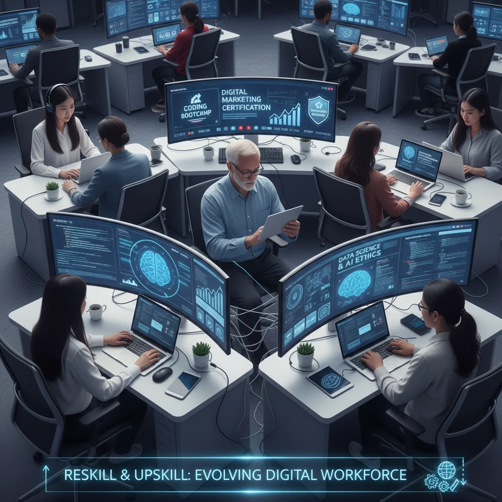 Diverse individuals participating in online tech skill development and reskilling programs