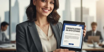 Professional woman smiling holding tablet with job offer