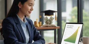 Professional analyzing education benefits on laptop, symbolizing tuition reimbursement success