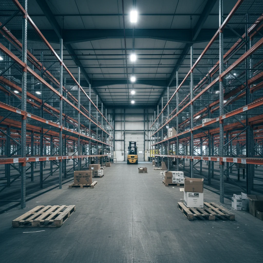 Warehouse with empty shelves signifying potential product shortages and limited inventory for consumers.