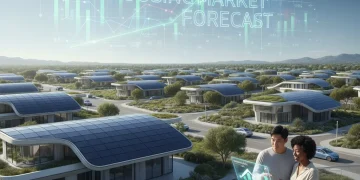 Futuristic suburban homes with economic data overlay representing 2026 housing market trends.