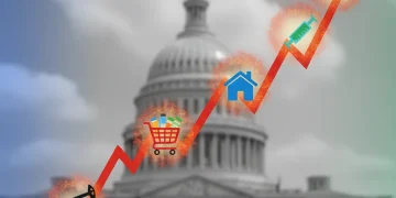 Economic chart showing rising inflation with icons representing key sectors like energy, food, housing, healthcare, and technology, set against a blurred US Capitol.