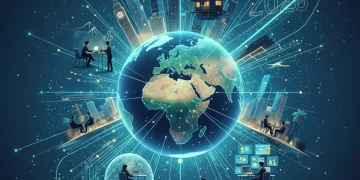 Global digital network illustrating the future of remote work and interconnected economies in 2026.
