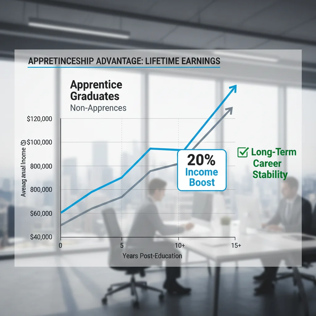 Infographic showing significant income growth and career stability for apprenticeship graduates.