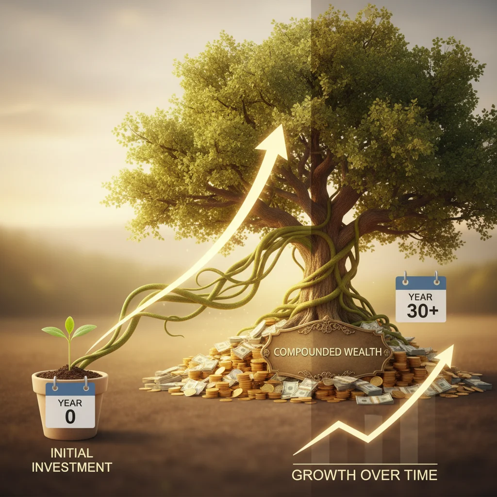 Visual metaphor of compounding interest, showing money growing over time like a plant becoming a tree, emphasizing long-term investment benefits.