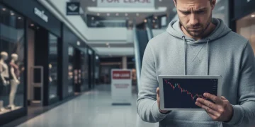 Consumer looking at declining economic graph, concerned about market trends.