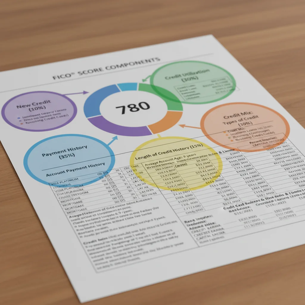 Close-up of a credit report showing payment history and utilization details.