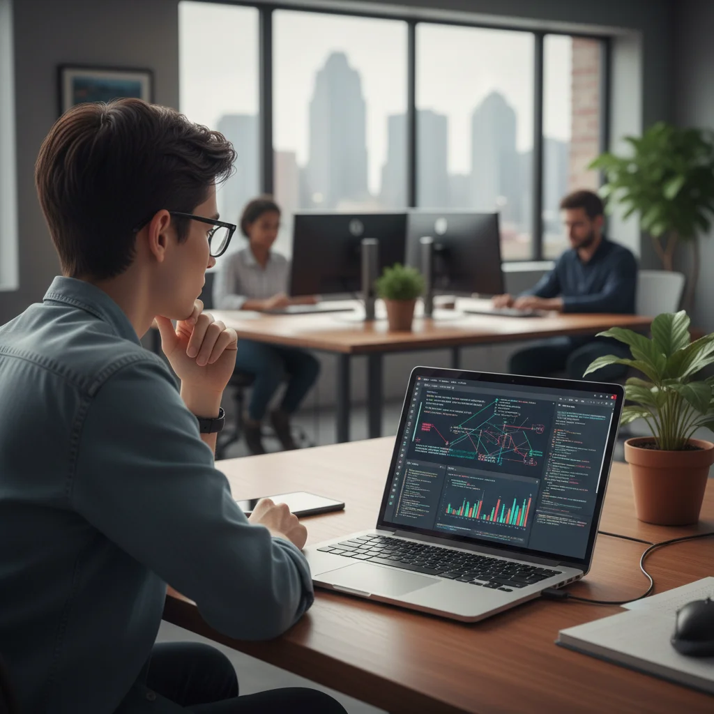 Professional analyzing complex data on a laptop, demonstrating critical thinking
