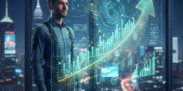 Person interacting with holographic data visualizations, representing data science career growth and upskilling opportunities.