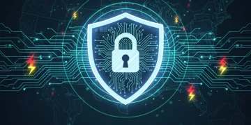 Digital shield protecting data network, US map background