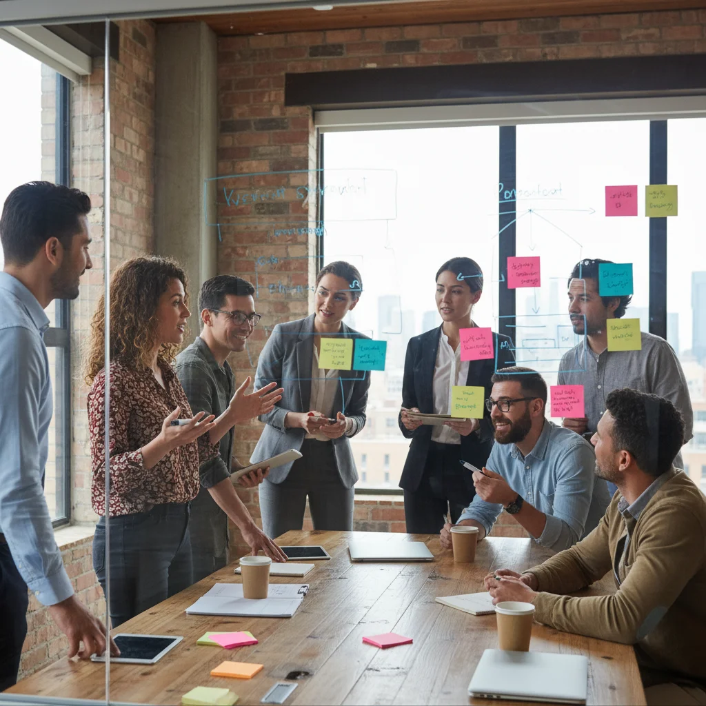 Diverse team collaborating and communicating effectively around a whiteboard