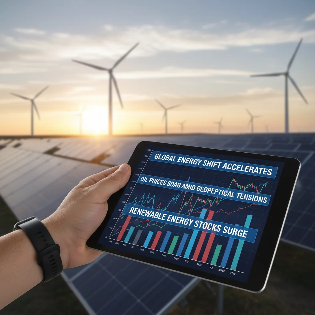 Digital tablet showing energy market trends and stock graphs, with renewable energy sources in the background.