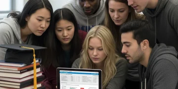 Students reviewing FAFSA financial aid information on a tablet.