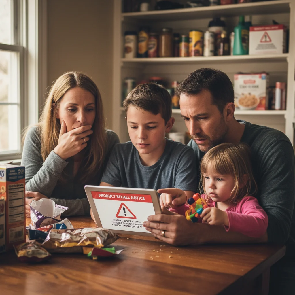 Family reviewing a product recall notice on a tablet, discussing consumer safety