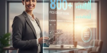 Person smiling at a high credit score displayed on a screen, representing financial achievement.