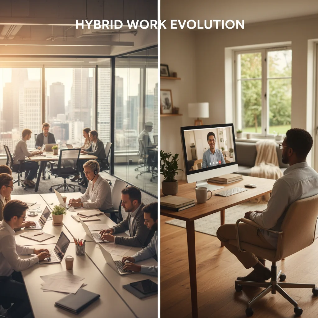 Comparison of traditional office versus modern home office setups, illustrating the hybrid work model.