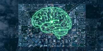 Aerial drone view of a modern city at dusk, overlaid with a glowing green neural network, symbolizing brain neuroplasticity and skill acquisition for career development.