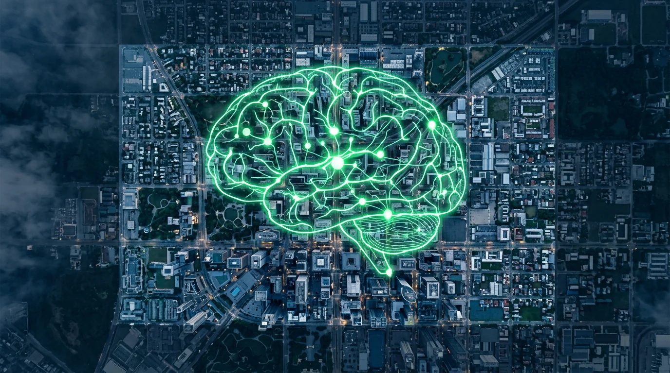 Aerial drone view of a modern city at dusk, overlaid with a glowing green neural network, symbolizing brain neuroplasticity and skill acquisition for career development.