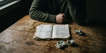 A person hunched over a tattered budget notebook on a worn wooden table, symbolizing financial struggle and the overwhelming burden of debt.