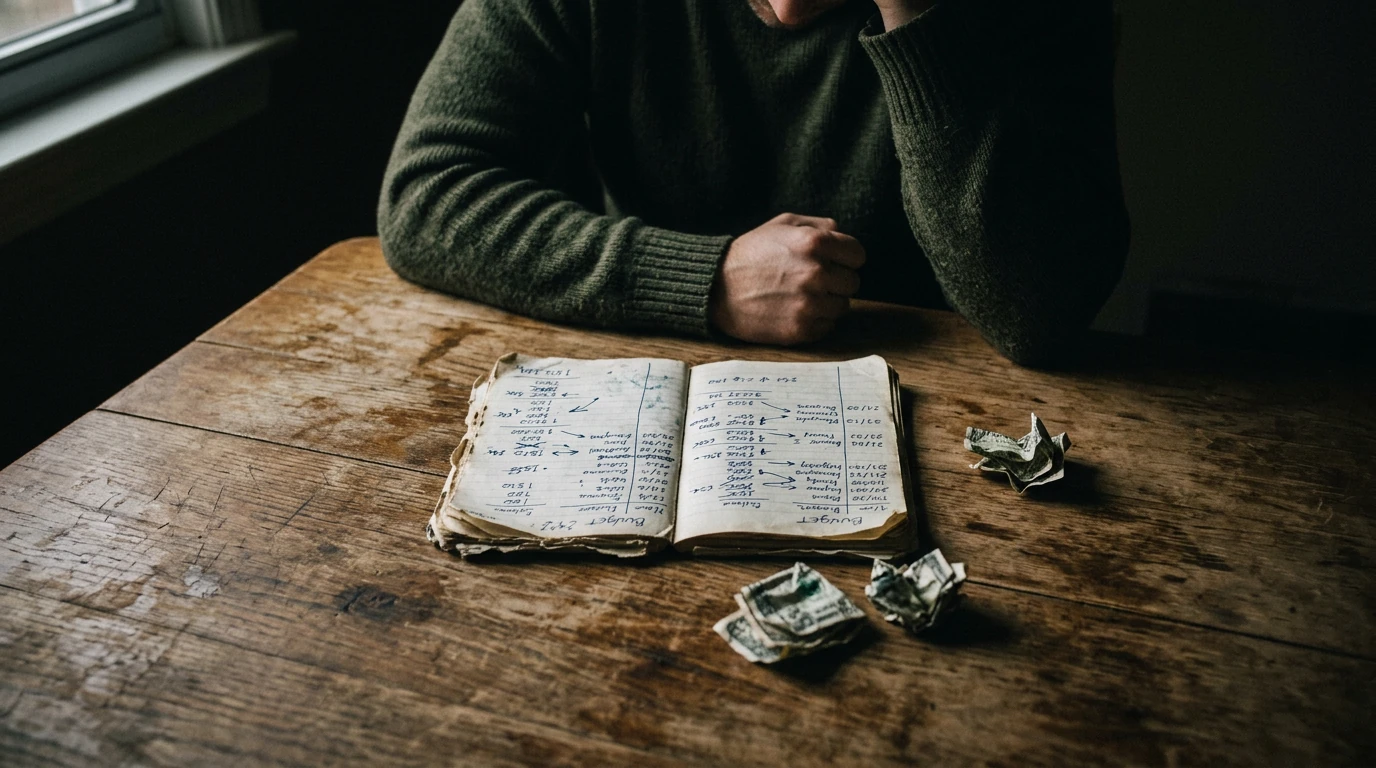 A person hunched over a tattered budget notebook on a worn wooden table, symbolizing financial struggle and the overwhelming burden of debt.