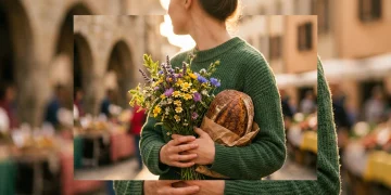 A person in a green sweater holding fresh flowers and bread in a sunny marketplace, symbolizing a shift towards valuing experiences and simple, authentic goods.