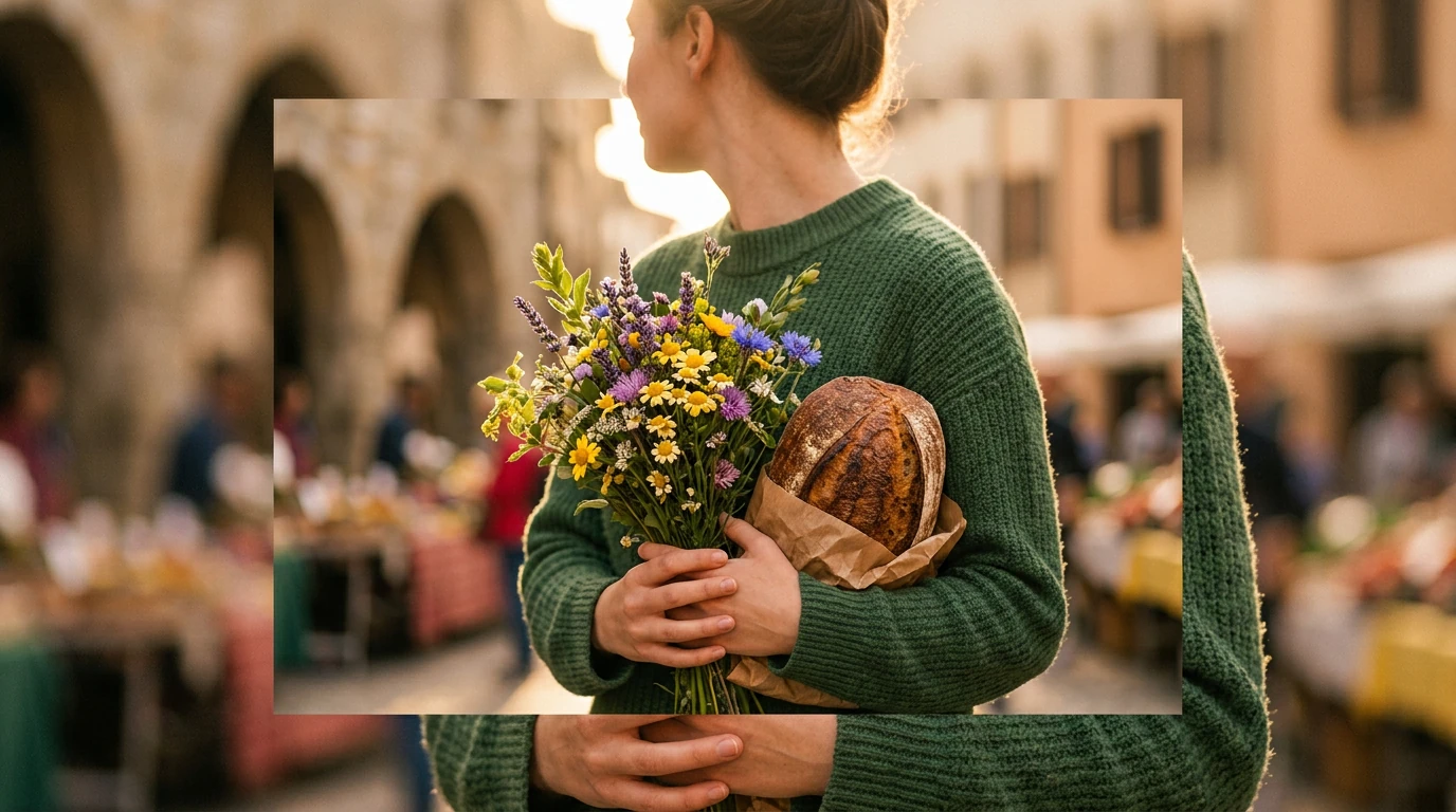 A person in a green sweater holding fresh flowers and bread in a sunny marketplace, symbolizing a shift towards valuing experiences and simple, authentic goods.