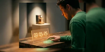 A person observing a digital countdown timer, about to make an urgent purchase, symbolizing scarcity marketing tactics and consumer psychology.
