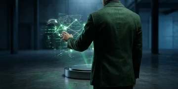 A professional in a dark green blazer reaching for a fragmented holographic projection of a global economic network, symbolizing navigation of complex career landscapes.