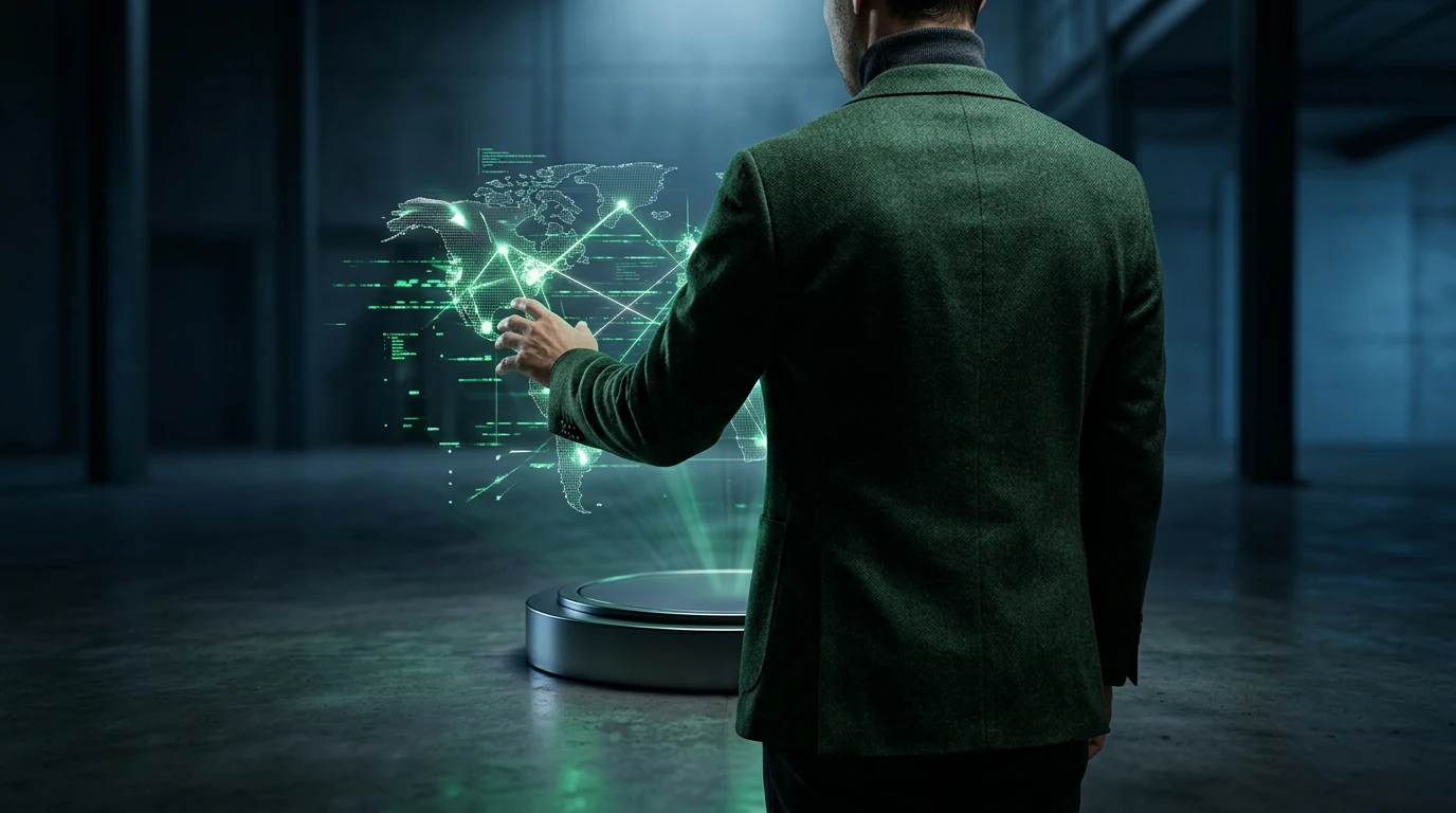 A professional in a dark green blazer reaching for a fragmented holographic projection of a global economic network, symbolizing navigation of complex career landscapes.