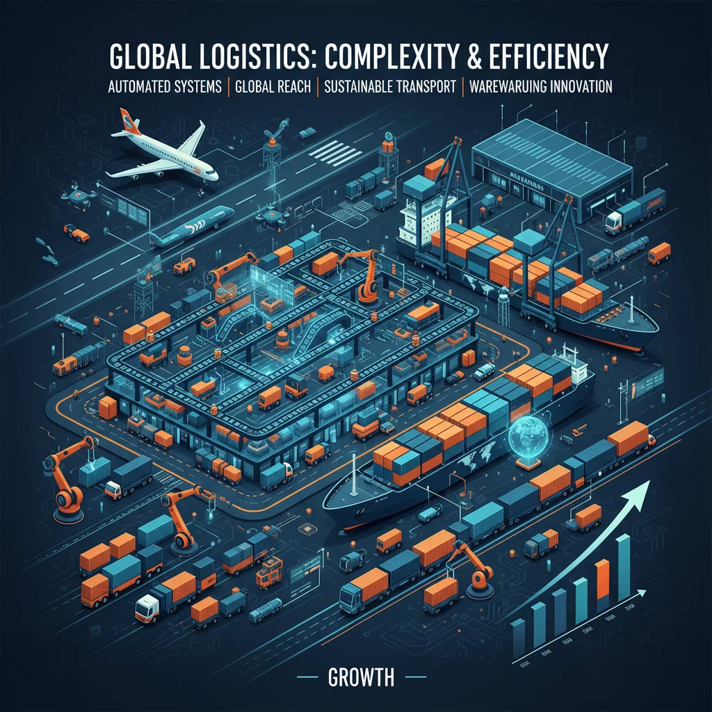Logistics hub with automated systems and global transportation
