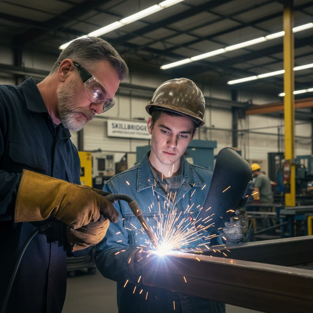 Experienced mentor demonstrating welding technique to an attentive apprentice in an industrial setting.