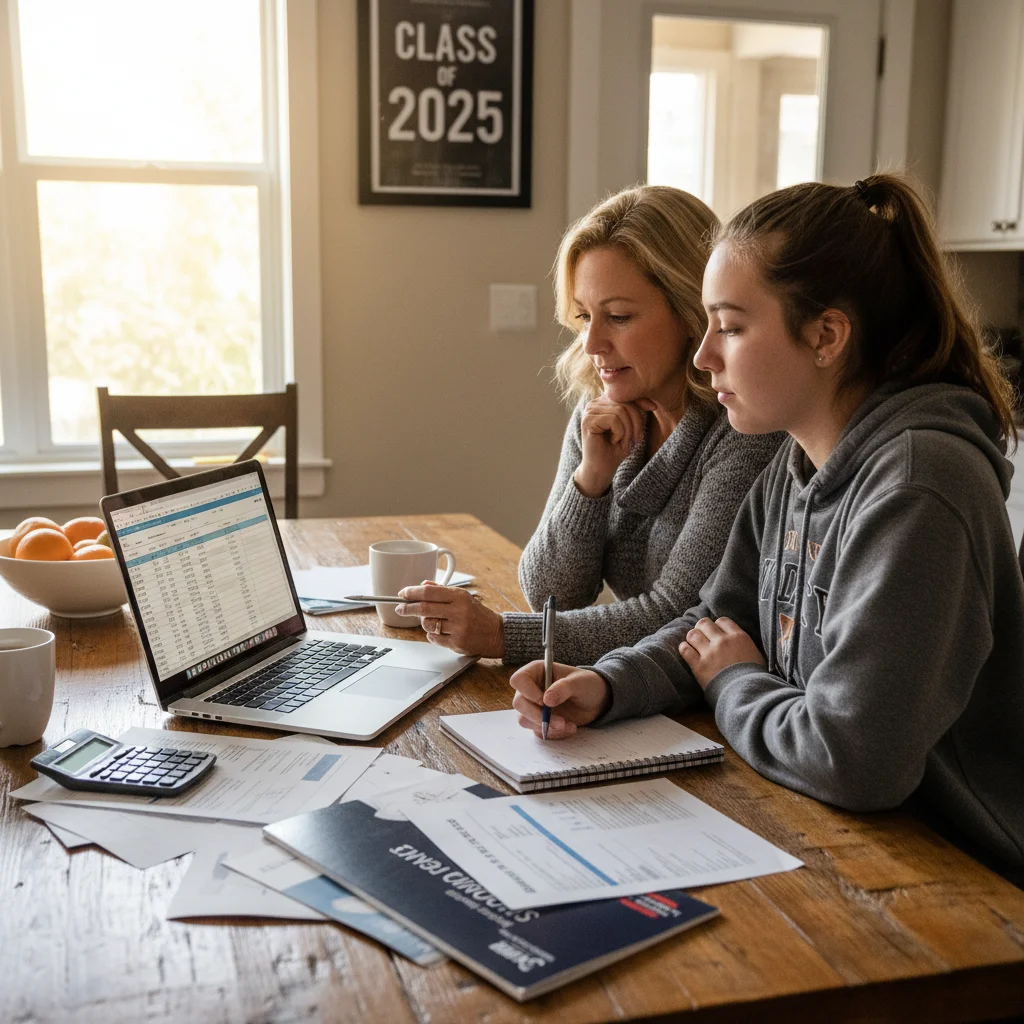 Parent and student discussing college financial planning.