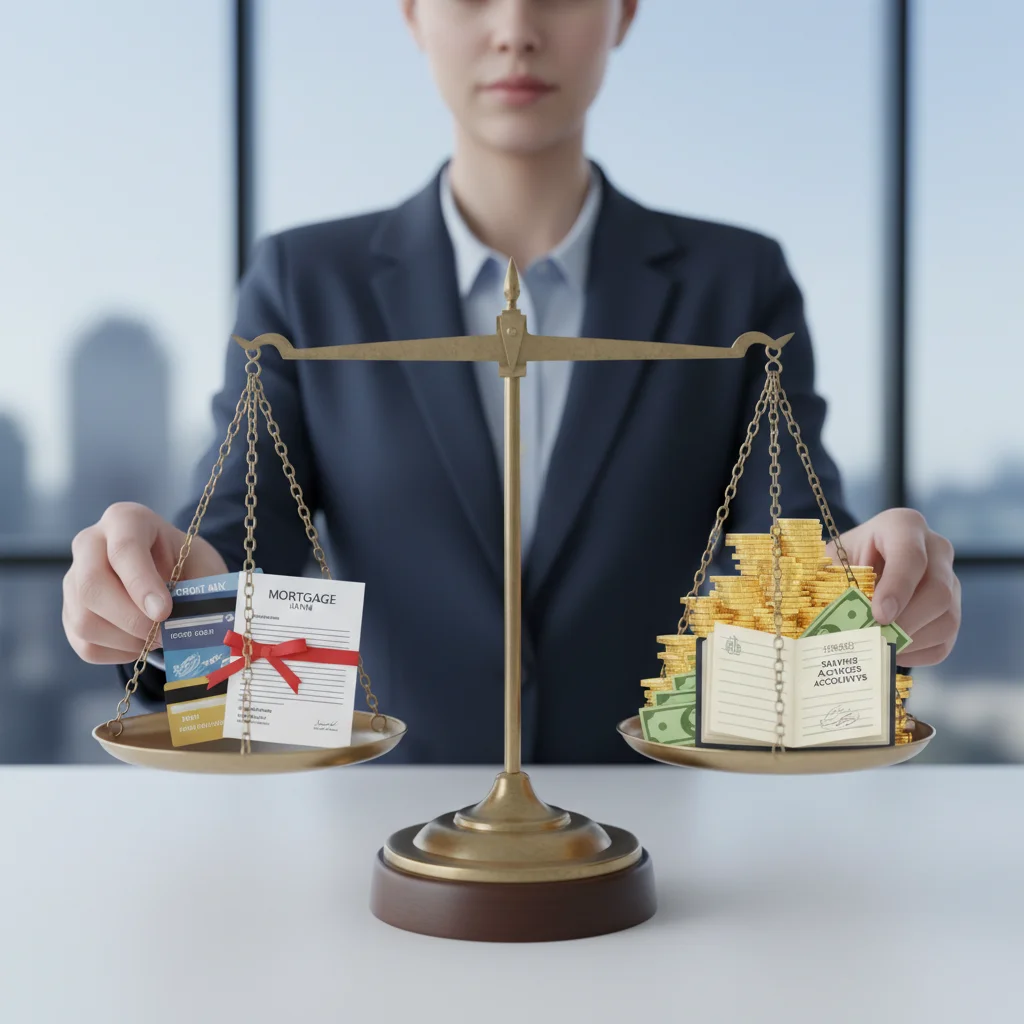 Person balancing credit cards and loan documents, symbolizing responsible credit management.