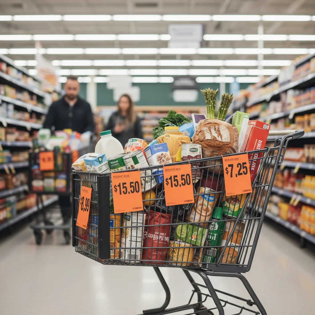 Grocery cart filled with various food items, highlighting rising food prices in a supermarket.