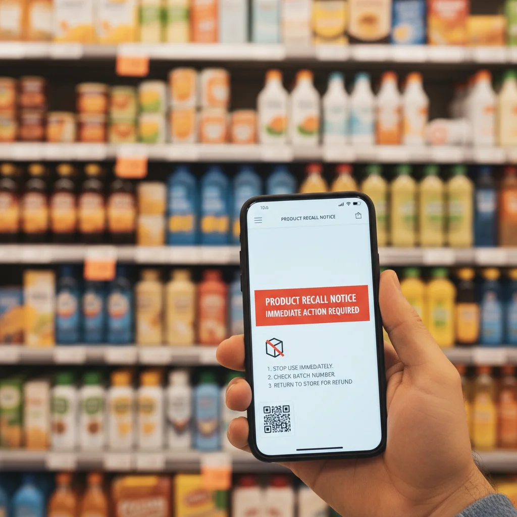 Hand scanning QR code on product for recall information, digital safety check