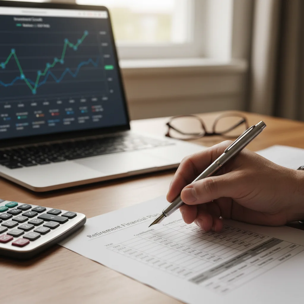 Person meticulously planning 401(k) and IRA contributions with financial documents and calculator.
