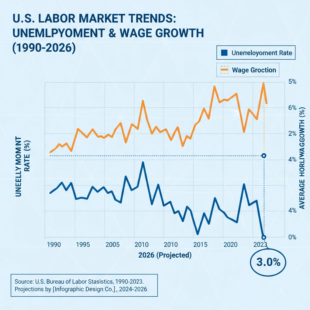 Infographic showing historical unemployment and wage growth trends with 2026 projections