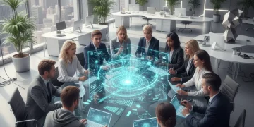 Professionals collaborating on holographic data for 2026 workforce skills